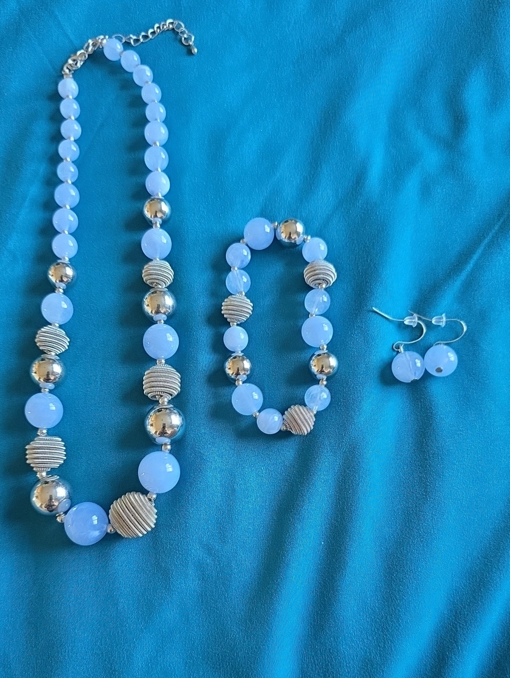 Light Blue Beaded Necklace, Bracelet & Earrings Set - Silver Accents